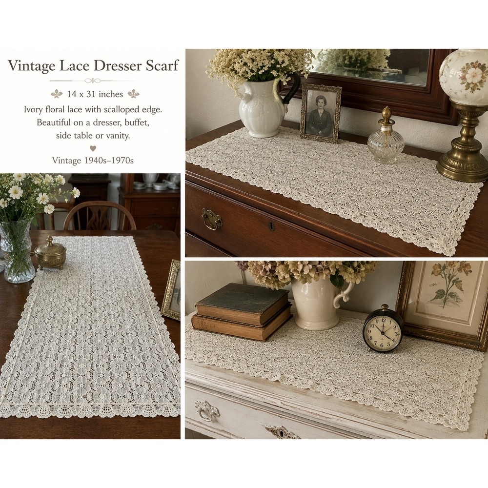 Vintage Ivory Floral Lace Dresser Scarf Table Runner Scalloped 14x31 1960s